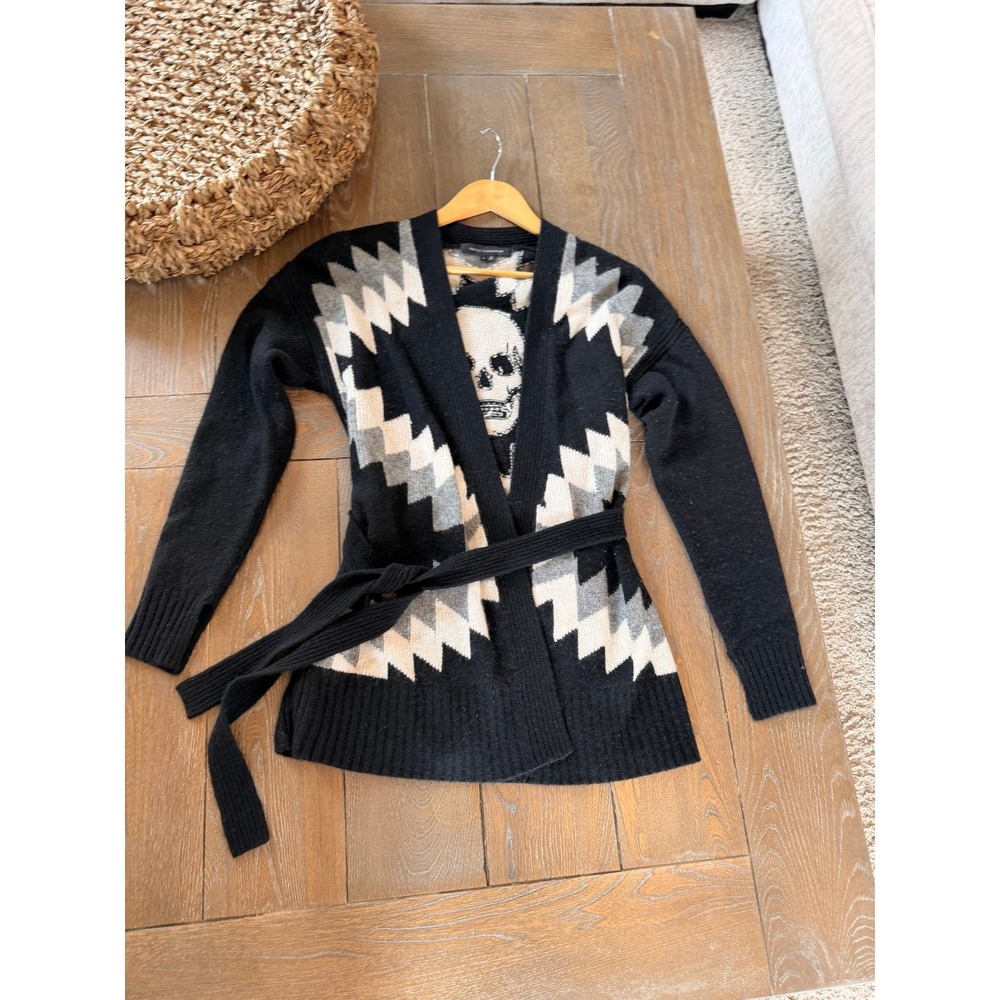 Skull Cashmere Belted Cardigan Womens Black Small Wool Blend Skull Back‎ Sweater - Picture 2 of 8